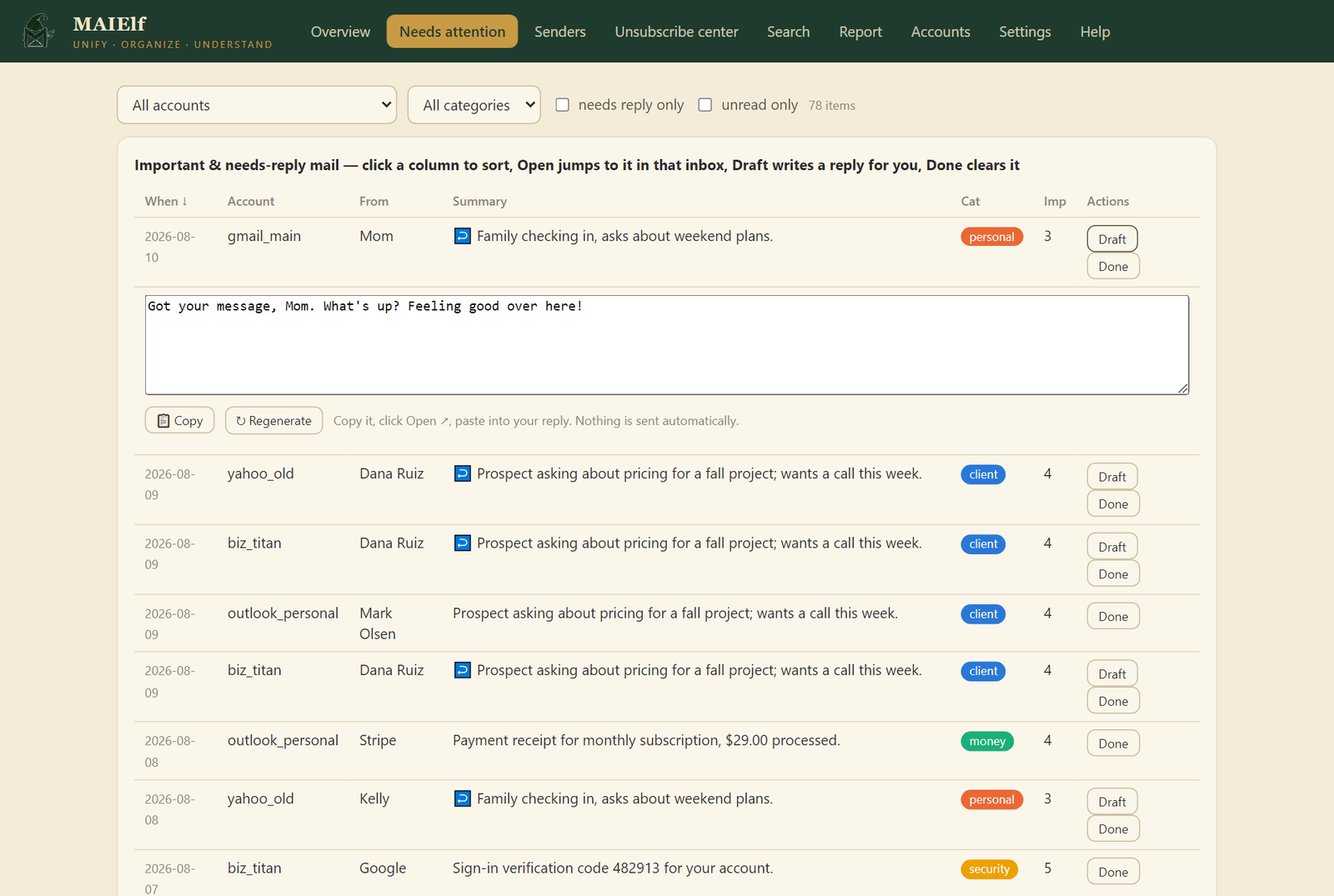 MAIElf triage queue with an AI-written reply draft open